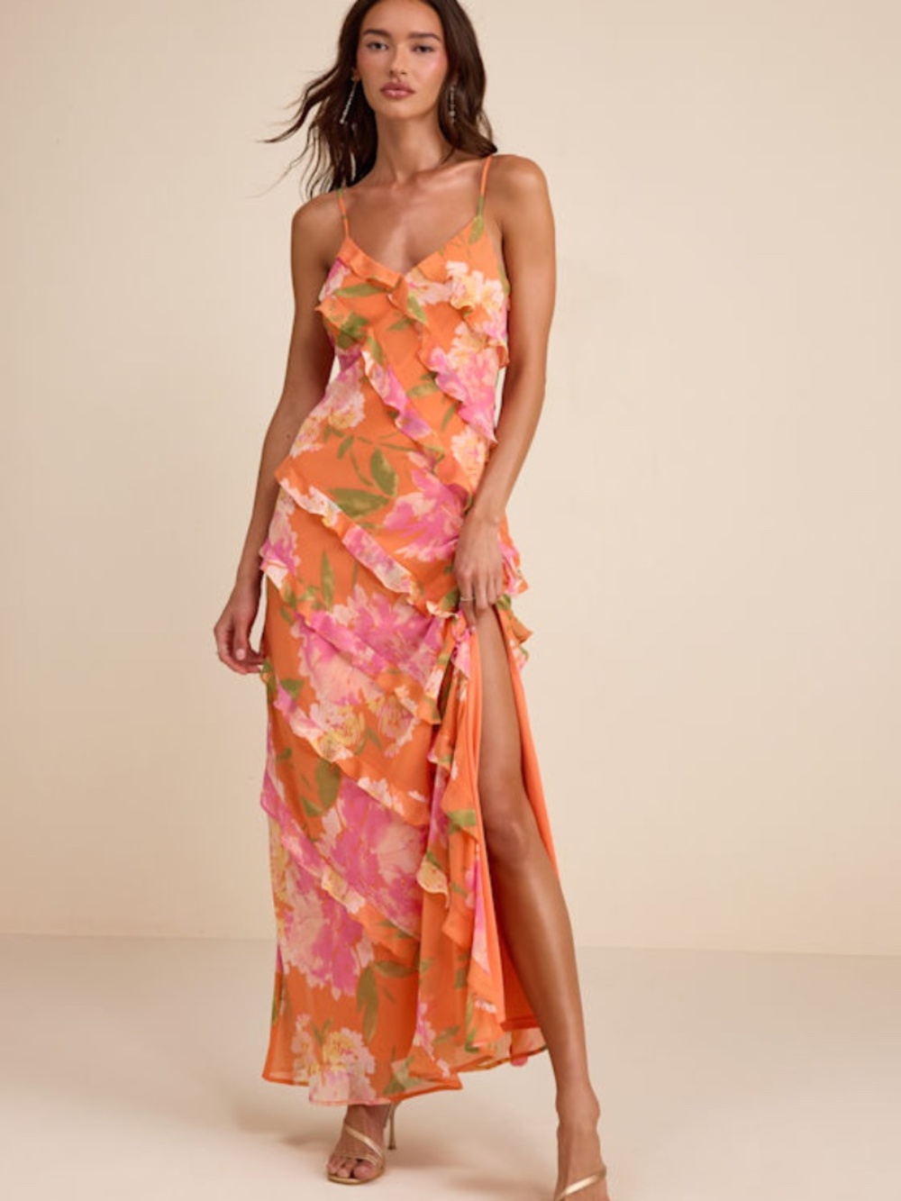 Lulus Zarina Orange Multi Floral Ruffled Maxi Dress - Size M